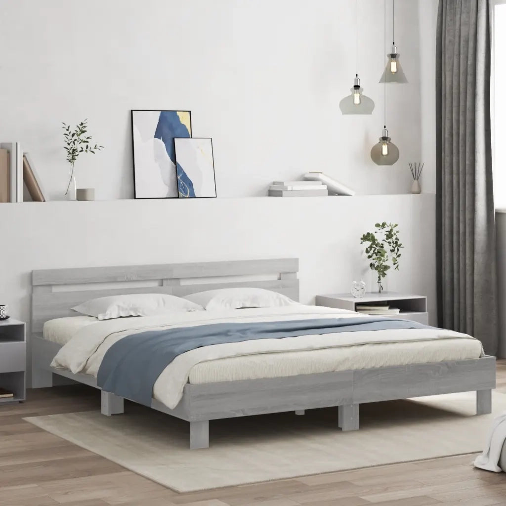 Letto matrimoniale | Letto per adulti | Giroletto con Testiera e LED Grigio Sonoma 200x200 cm