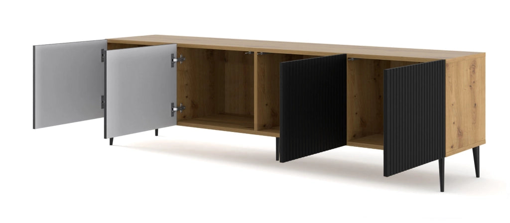 MOBILE RAVENNA B PORTA TV IN MDF RIVESTITO IN LEGNO 4D 200 GAMBE IN ROVERE ARTIGIANALE NERO OPACO NERO