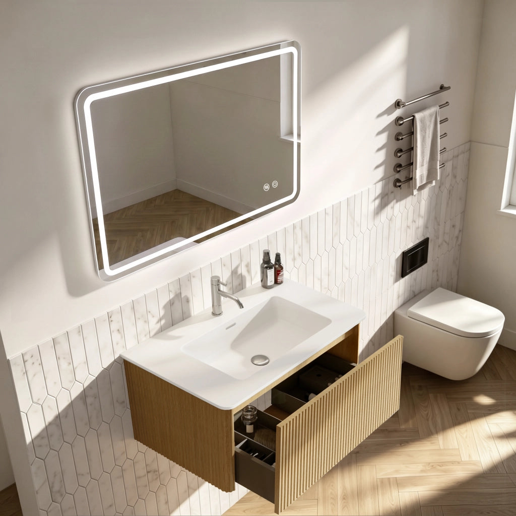 Mobile bagno sospeso con specchio LED regolabile e lavabo integrato in vetro MDF compensato solid surface rovere
