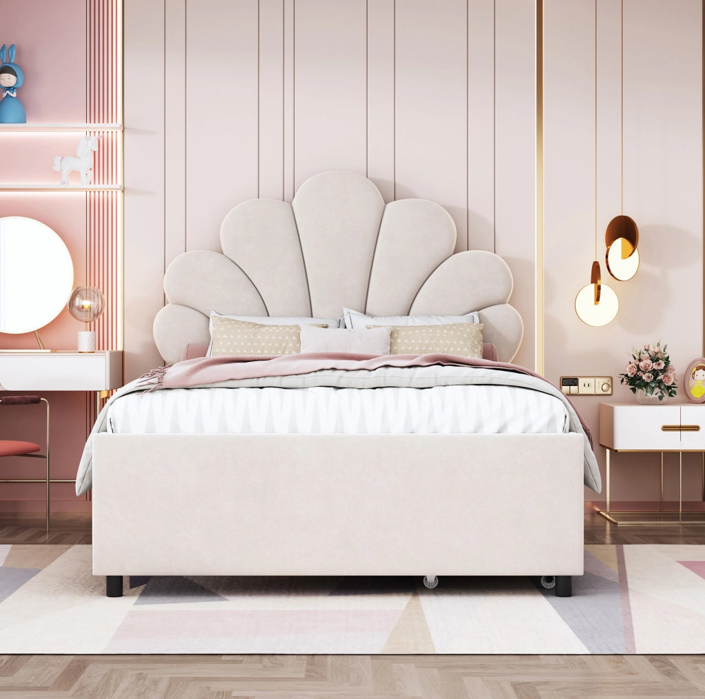 Letto imbottito 90x200 cm con 2 cassetti; velluto beige (Senza materasso)