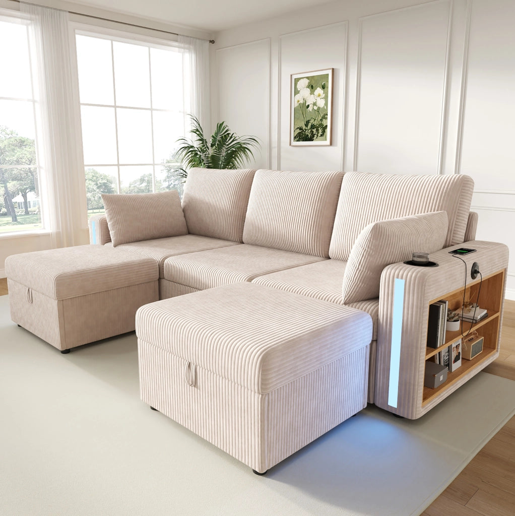 Sofa modulare a U/L 190x130x85 cm in corduroy beige con LED; USB e contenitore