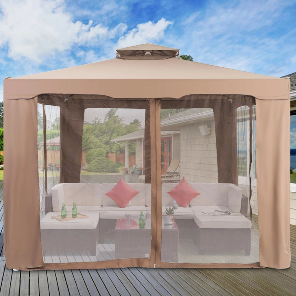 Gazebo a doppio tetto con zanzariera 3x3M da esterno e campeggio Marrone-Gazebo