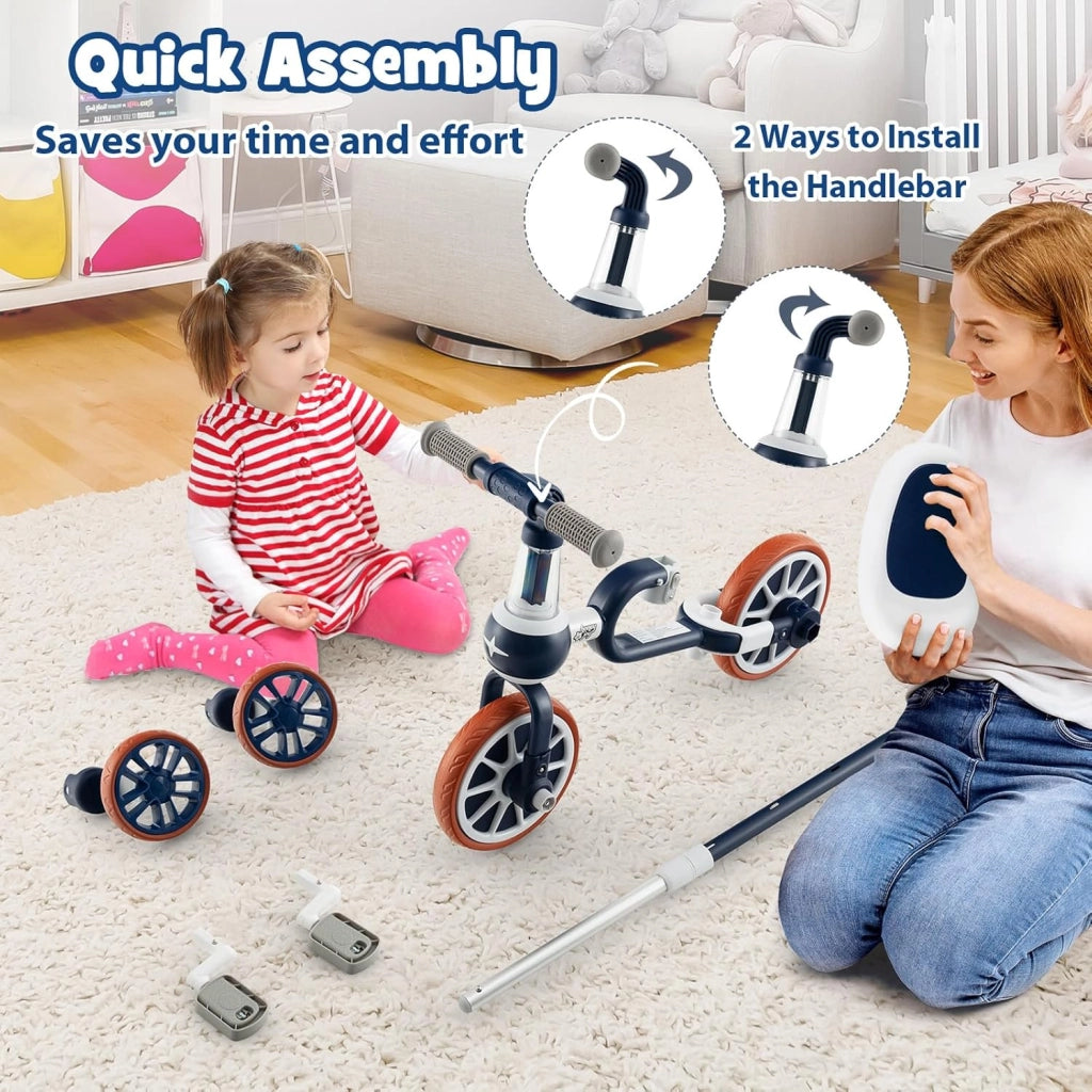 4 in 1 Triciclo Evolutivo per Bambini, Bicicletta Bambini con Manico a Spinta Regolabile in 4 Posizioni, Sellino in 2 Posizioni, Pedali Rimovibili, per Bambini e Bambine da 1 Anno + (Blu)