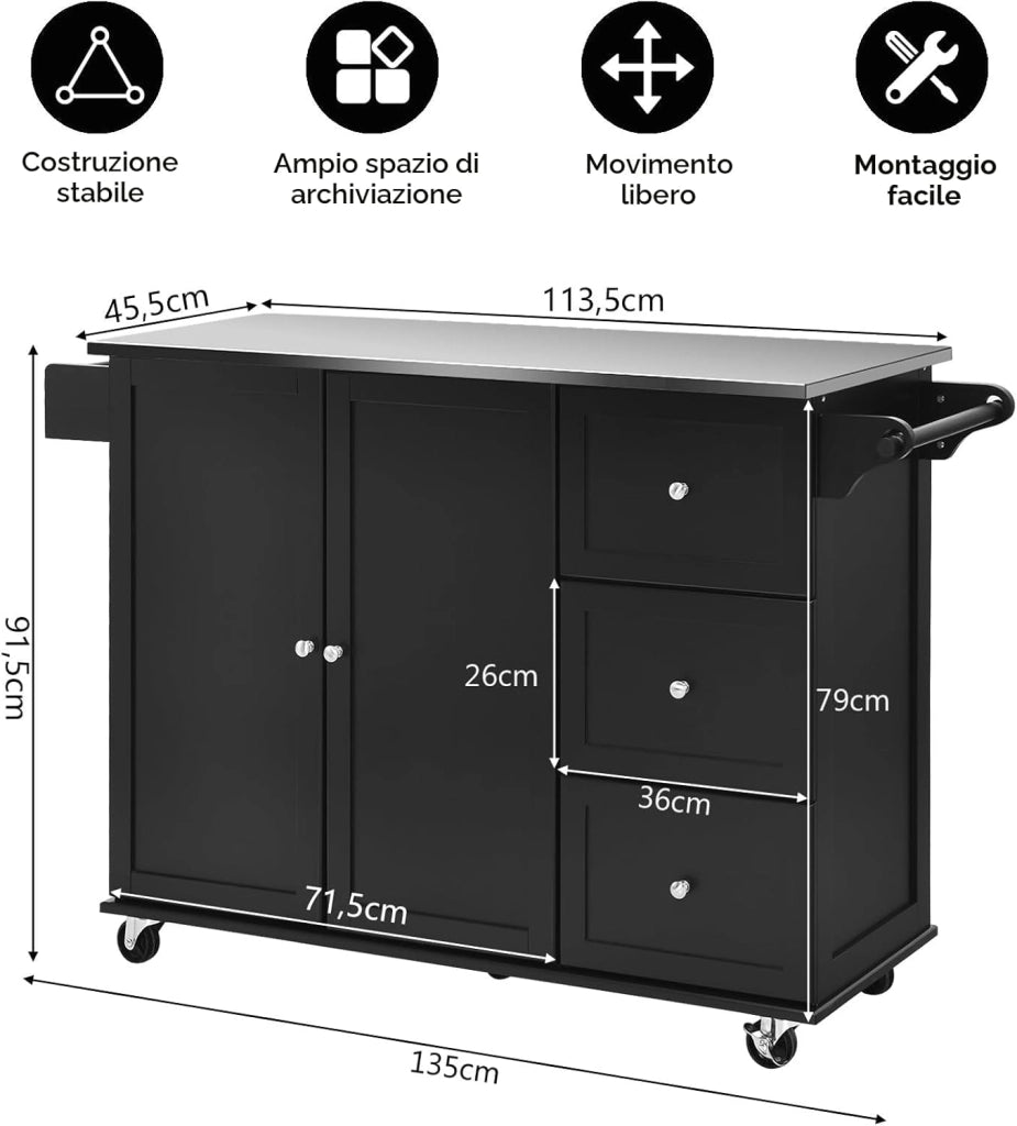 Isola da Cucina Mobile con Piano di Lavoro in Acciaio Inox, Carrello da Cucina con 3 Cassetti & Porta Asciugamani & Ripiano Regolabile, Armadio da Cucina su Ruote, Carrello da Cucina 135 x