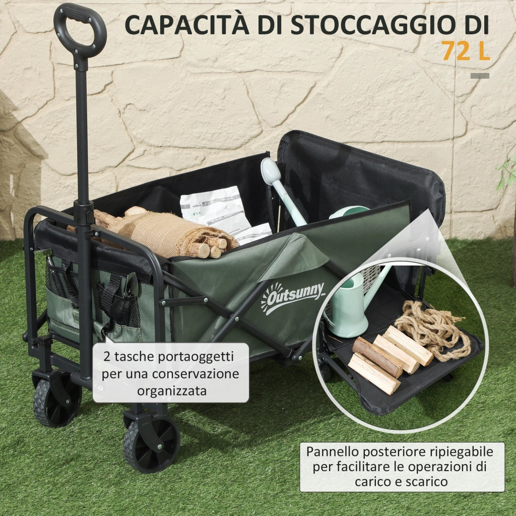EasyComfort Carrello da Giardino da 72L Pieghevole con Pannello Apribile, in Acciaio e Poliestere, 114x46x65-92 cm, Verde