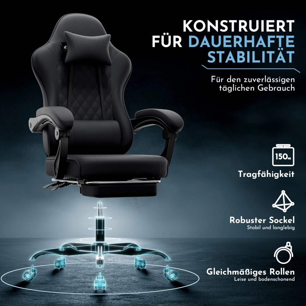 Sedia da gaming ergonomica nera in PVC con supporto lombare e poggiapiedi