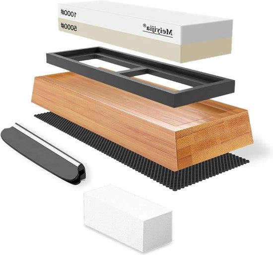 Pietra di affilatura a doppia faccia 5000 10000 grana Inclusa pietra di livellamento Base in bambù Tappetino in silicone Guida angolare Set
