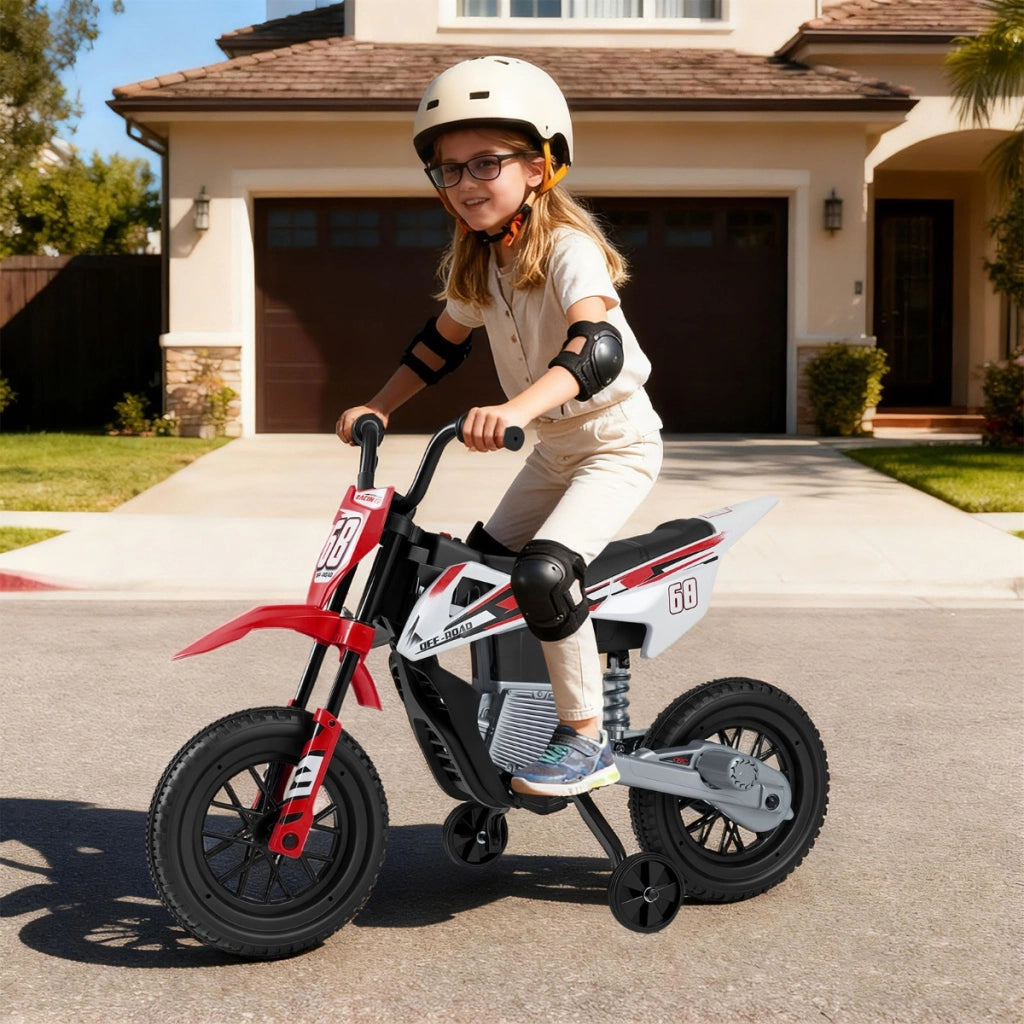 Moto per bambini 12v con ruote di allenamento rimovibili e sospensione a molla, Moto motorino a batteria con musica Rosso-Moto elettriche