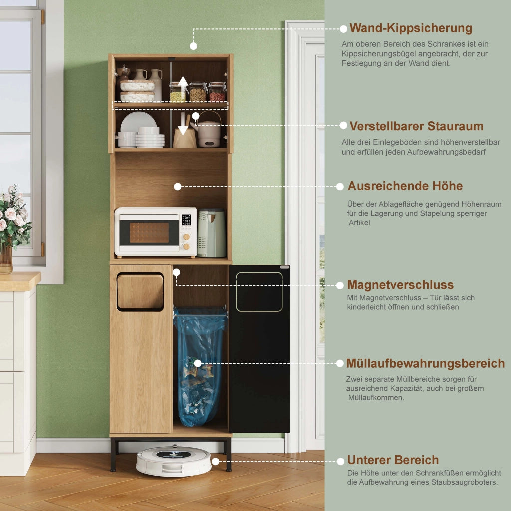Colonna da cucina con vani aperti e ripiani regolabili per microonde in MDF effetto rovere e nero 53 × 35 × 181 cm