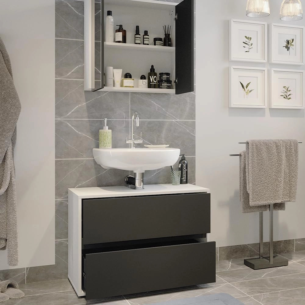 Set di mobili da bagno Maltin, Bianco/antracite, 80 cm, composto da specchio da bagno e mobile sottolavabo
