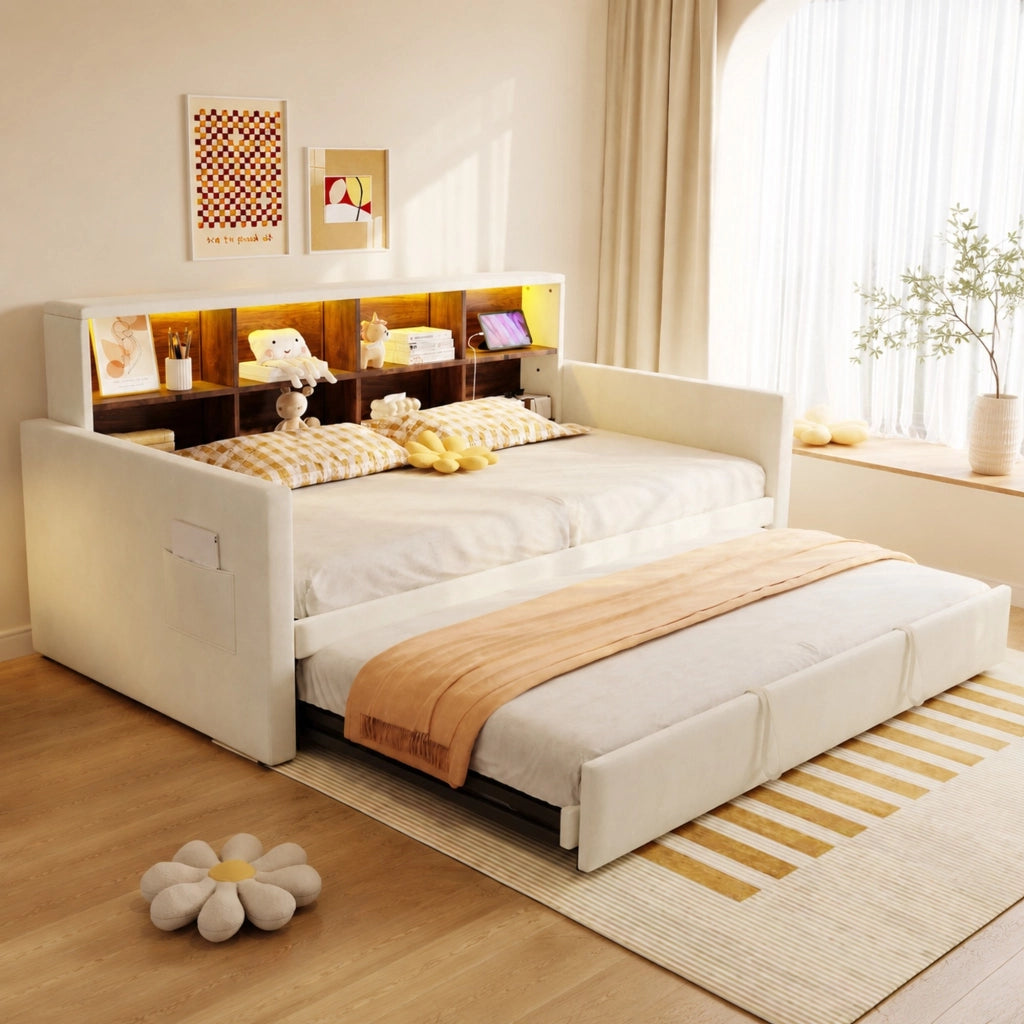 Letto imbottito 90x190 cm con testiera portaoggetti, LED, prese e letto estraibile, velluto beige