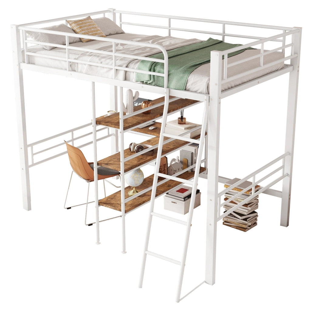 Hochbett 90x200 cm in metallo; con scrivania; ripiani; scala e sponde