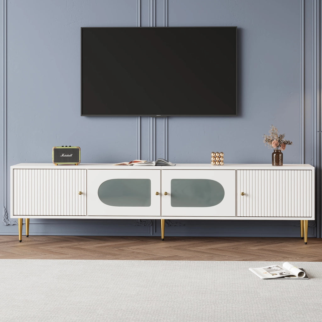 Mobile porta TV con 4 ante, 2 vani con vetro arcuato e 2 fori passacavi, per soggiorno, truciolato bianco, 170 × 35 × 50 cm