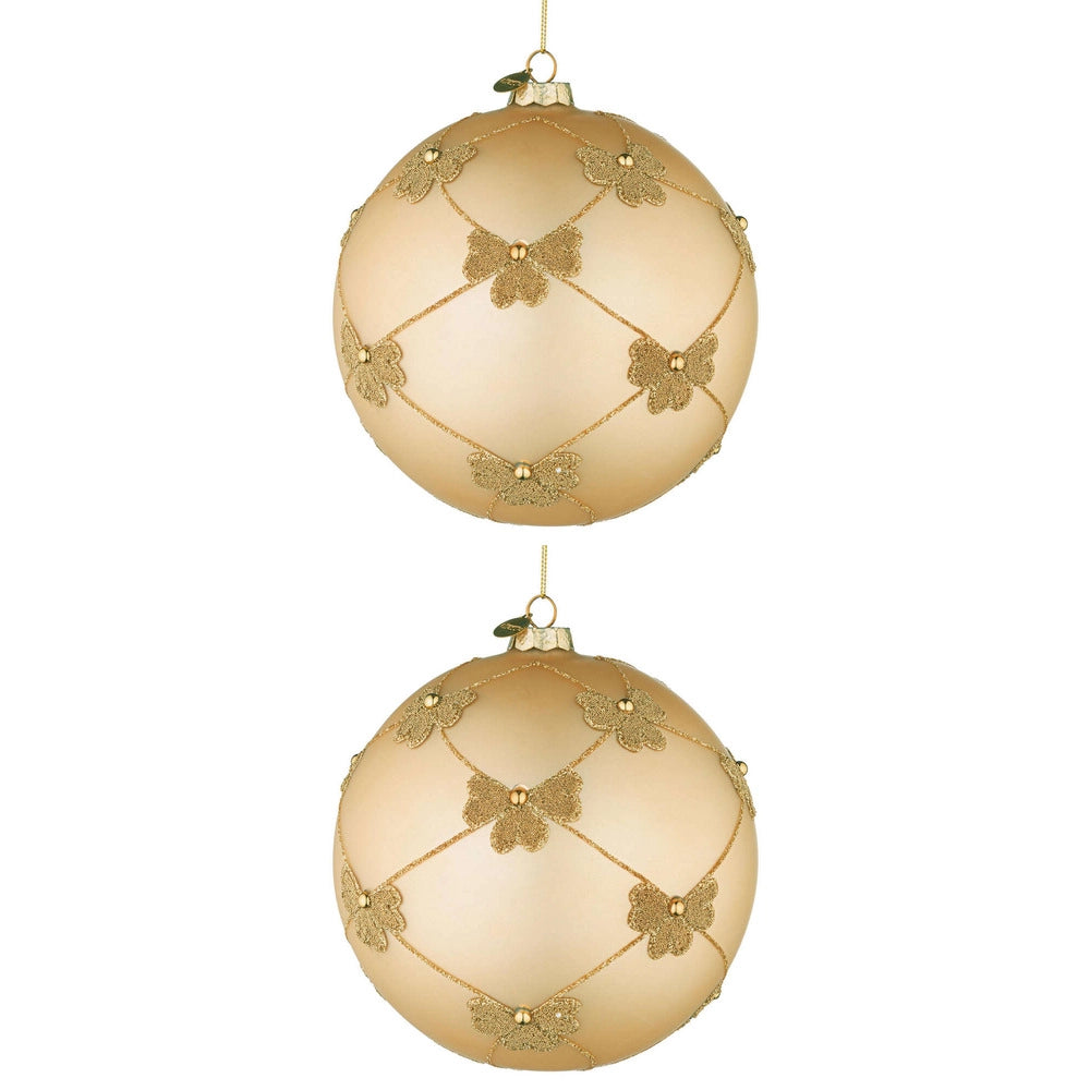 Palline di Natale in Vetro Champagne con Fiocchi Oro Flock Diametro: 150 mm