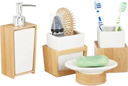 Accessori da bagno, set 4 pezzi, pompa per doccia, holder per spazzola da denti, bambù, ceramica, insieme da bagno, natura bianca