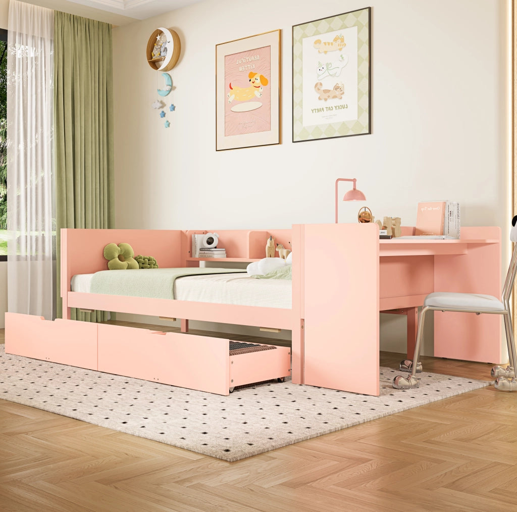 Letto singolo 90x200 cm rosa con scrivania, 2 cassetti e 3 ripiani