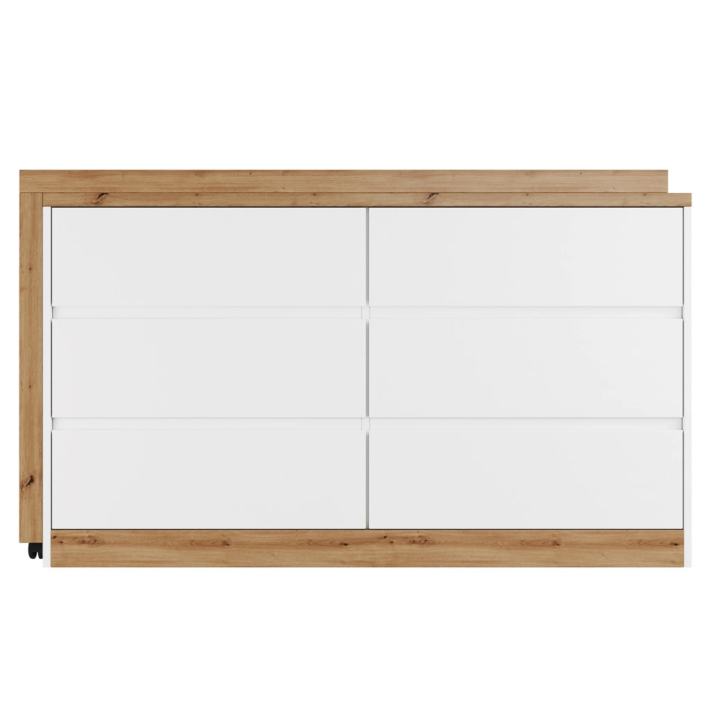 Scrivania girevole 2 in 1 con sideboard, 120 x 50 cm, 6 cassetti, bianco/effetto rovere, struttura in truciolare