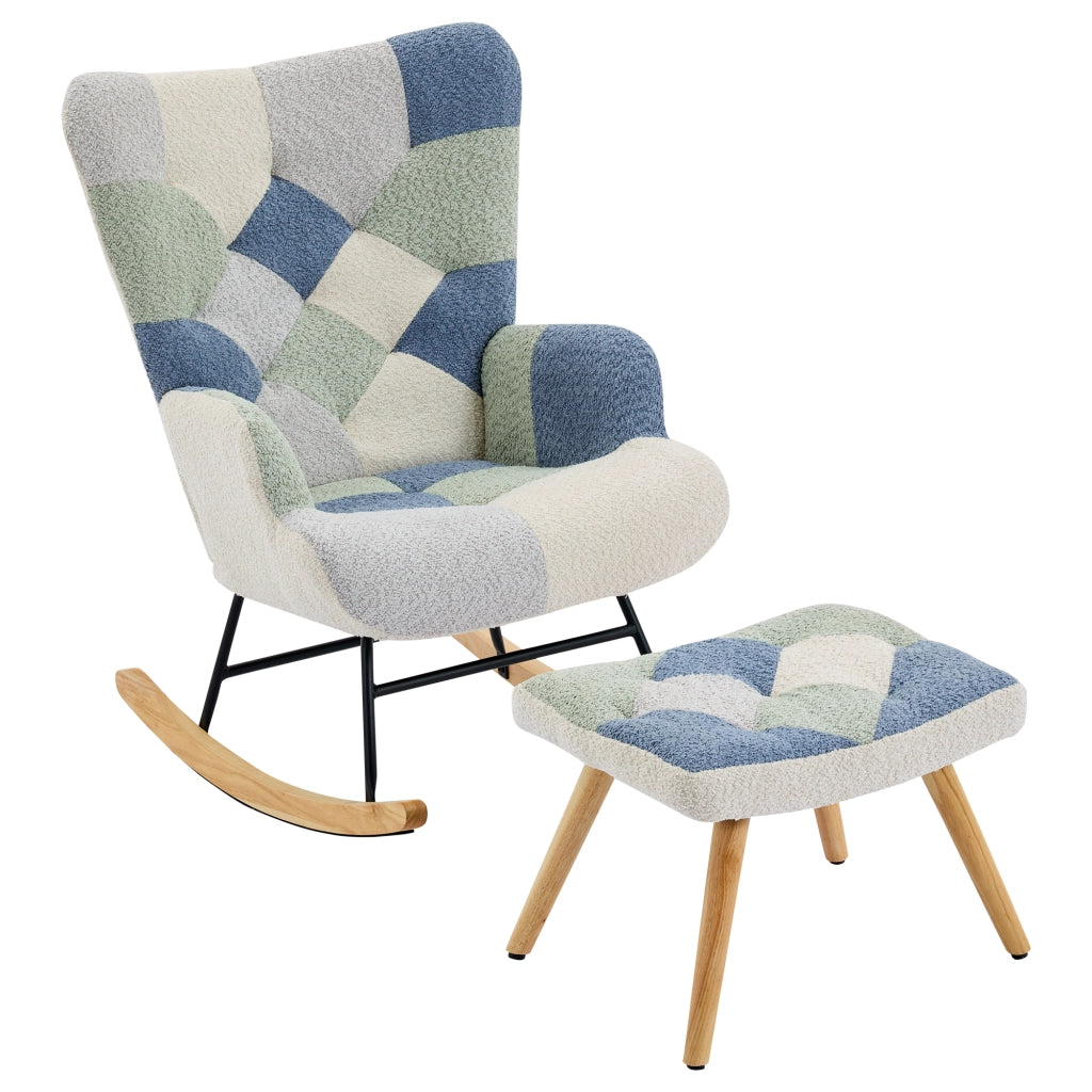 Poltrona a dondolo con poggiapiedi - imbottita e con schienale removibile - in tessuto - beige e blu - 122 × 68 × 91 cm