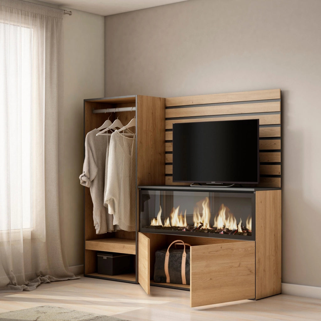 Credenza, 167x35x145cm, Camera da letto, Camino elettrico XXL, Armadio Aperto, colore Rovere RF3396