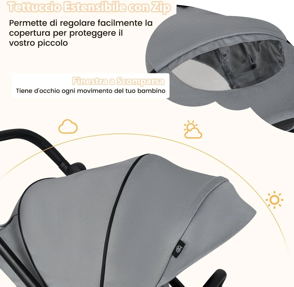 Passeggino per Bambini Reversibile, Passeggino Pieghevole per Neonati con Schienale Reclinabile, Cappotta Regolabile, Cestello Portaoggetti, per Neonati 0-36 Mesi, Portata 15 kg (Grigio)