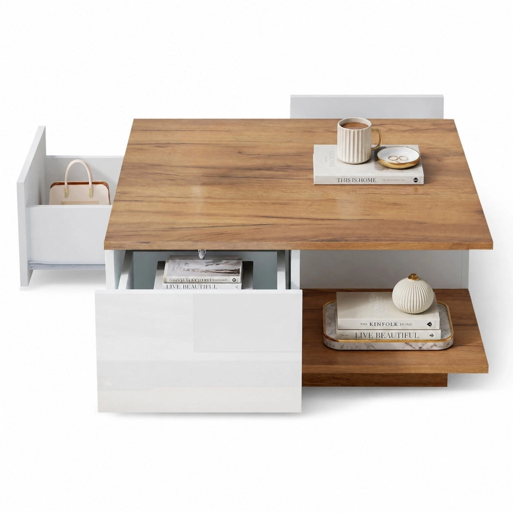Tavolino da caffè quadrato 70 x 70 x 31;5 cm con 3 cassetti; bianco e legno