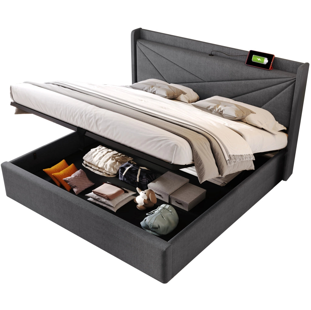 Letto matrimoniale 140x200 con contenitore, USB-C, rete e materasso H3 grigio