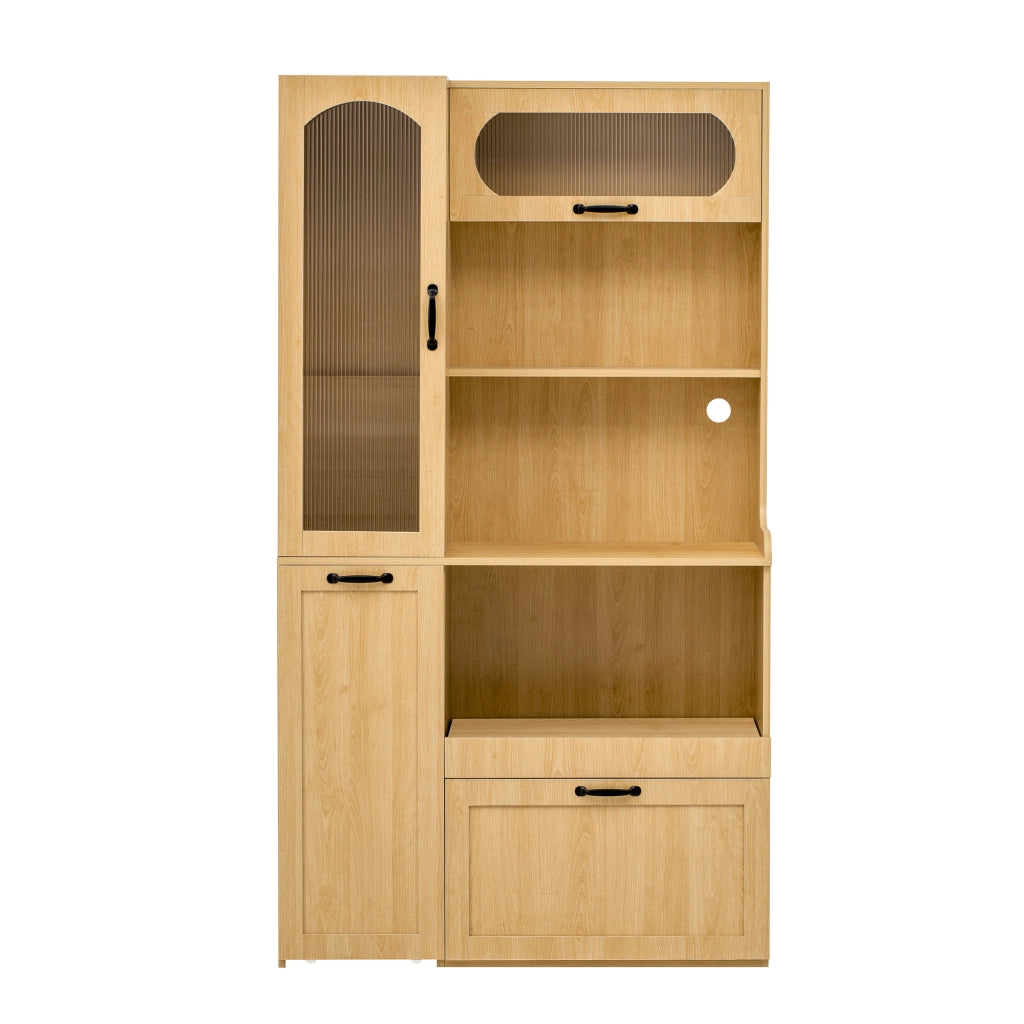 Credenza alta con ripiani regolabili e cassetto, ante in vetro rigato per cucina, in MDF naturale, 98 × 40 × 177 cm