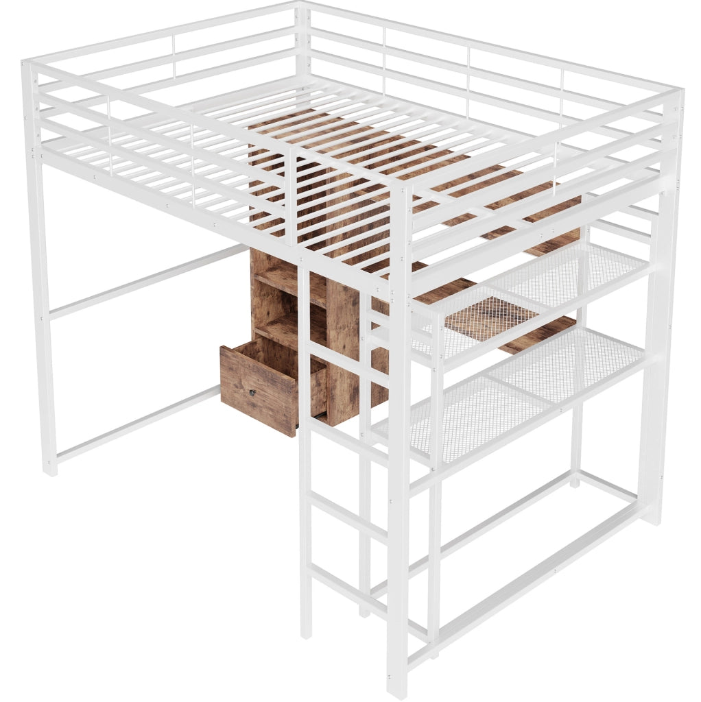 Letto a soppalco in metallo bianco 140x200 cm con scrivania, cassetto, LED e ripiani