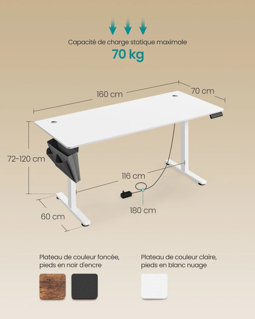 Scrivania elettrica regolabile in altezza 60 x 120 x (72-120) cm 4 altezze di memoria tasca portaoggetti bianca 12_0004583