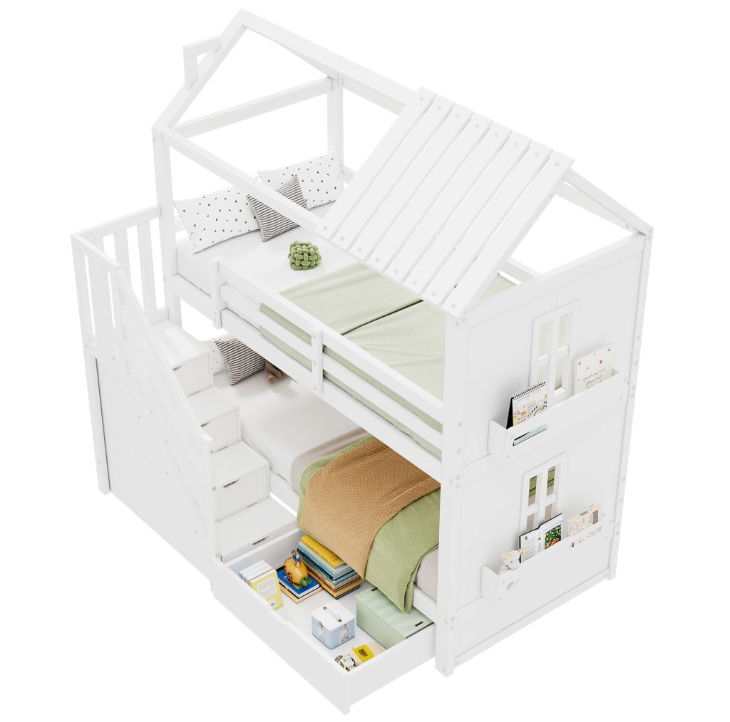 Letto a castello per bambini 90x200 cm con scale contenitore; cassetti e scaffali in pino e MDF bianco