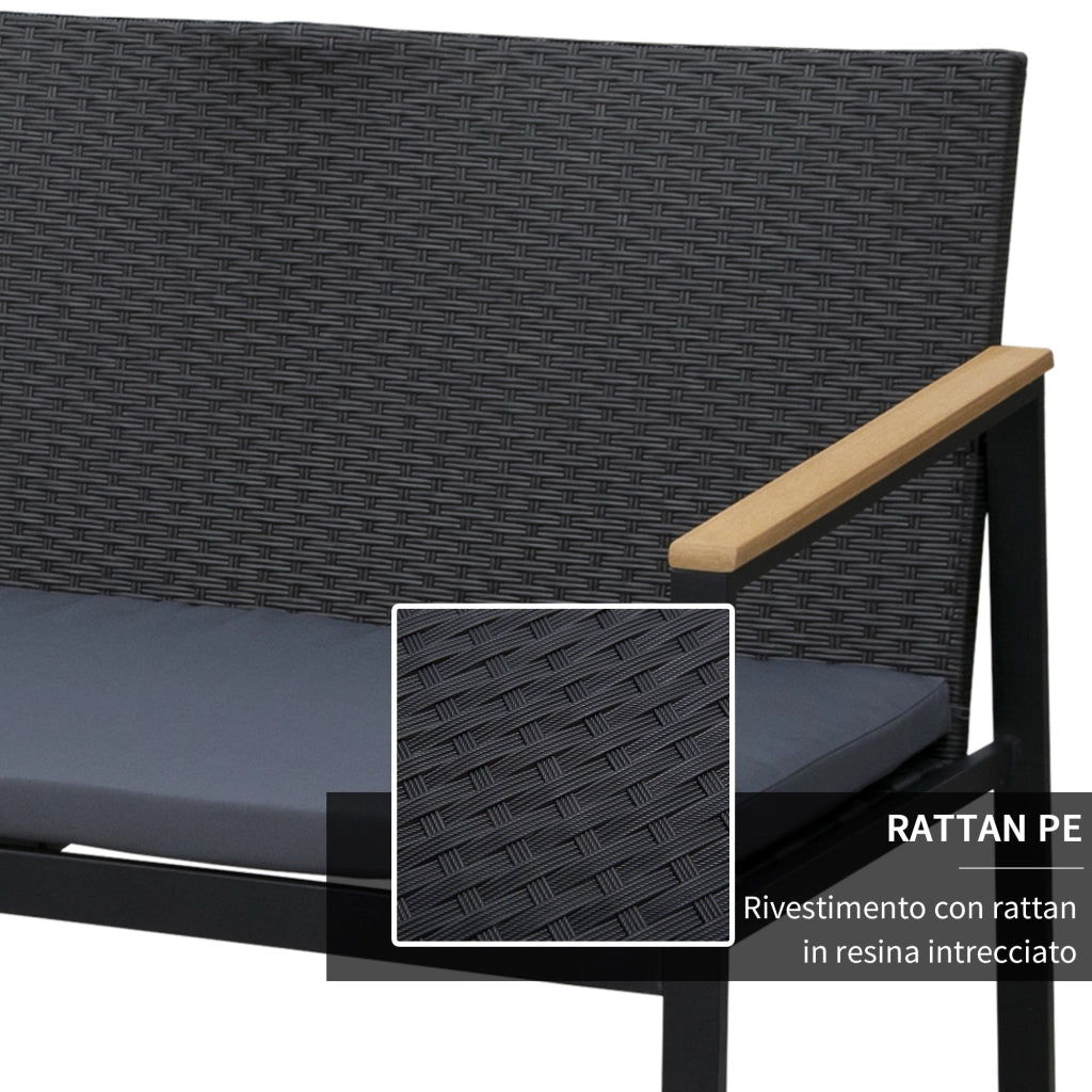 EasyComfort Set 4 Pezzi Salotto da Esterni con 2 Sedie, Divano e Tavolino Mobili da Giardino in Rattan e Acciaio Nero