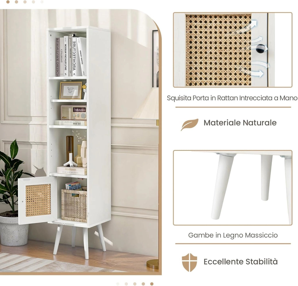 Libreria Scaffale con Anta in Rattan Naturale, Scaffale Legno in Stile Boho con 3 Ripiani Regolabili in 12 Posizioni, per Soggiorno Cucina e Camera da Letto, 29,5 x 29,5 x 137 cm (Bianco)