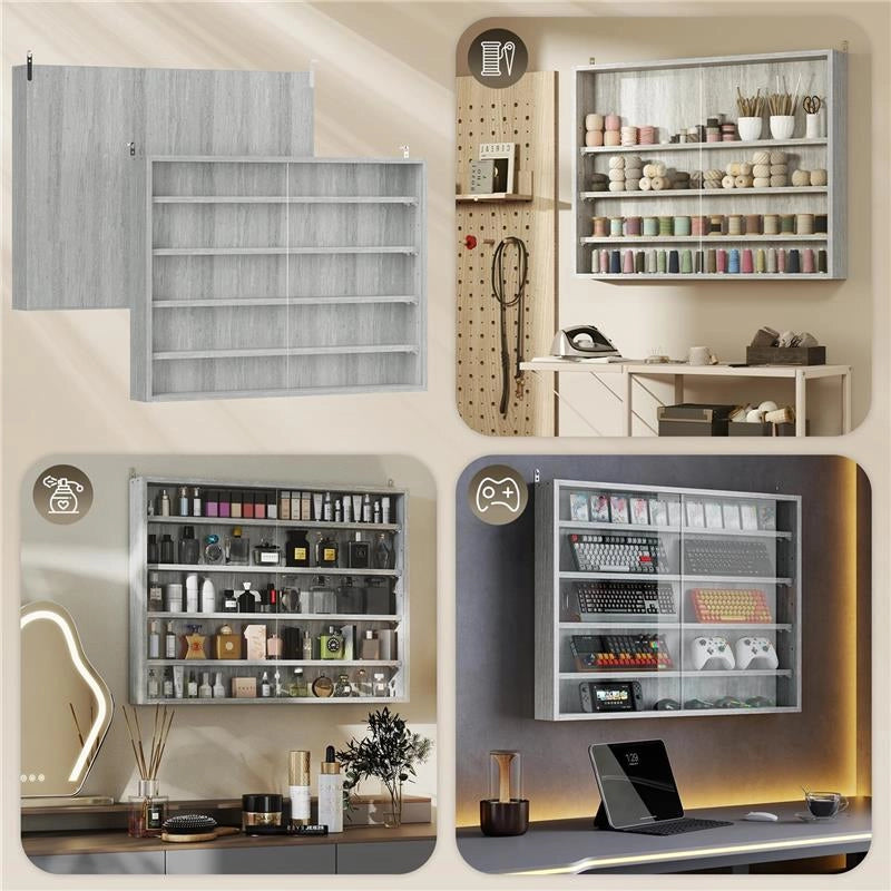 VETRINA PER COLLEZIONISMO A 4 RIPIANI REGOLABILI IN LEGNO CON ANTE IN VETRO, 80X9.5X60 CM, GRIGIO