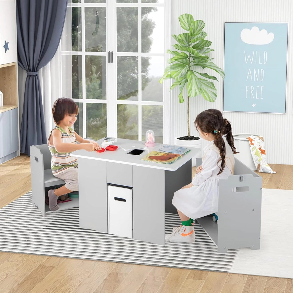 3 PZ. Set di Sedie per Bambini, Tavolino con 2 Sedie in MDF, Set Multifunzionale con Spazio di Archiviazione, Tavolo di Attività per Bambini da 3 Anni