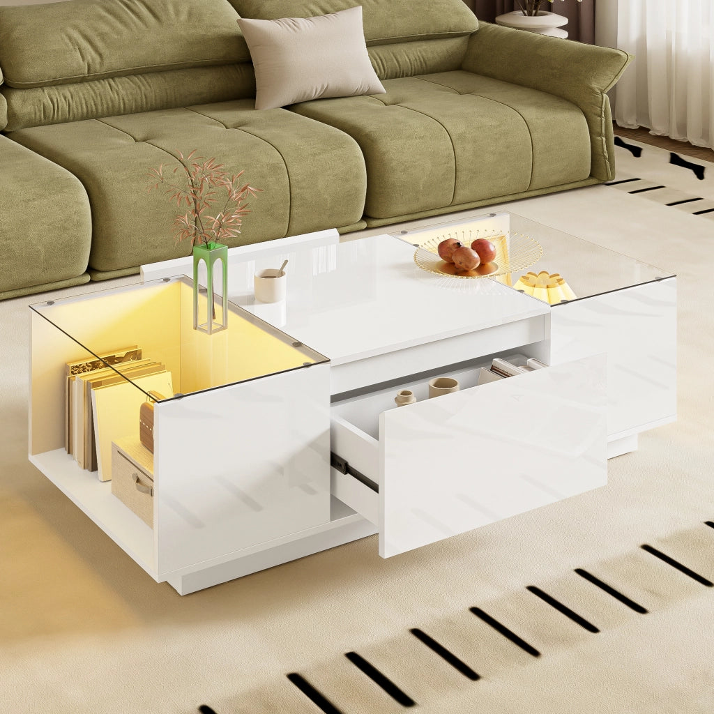 Tavolino da caffè 105x50x35 cm; con LED e spazio contenitivo; truciolare bianco