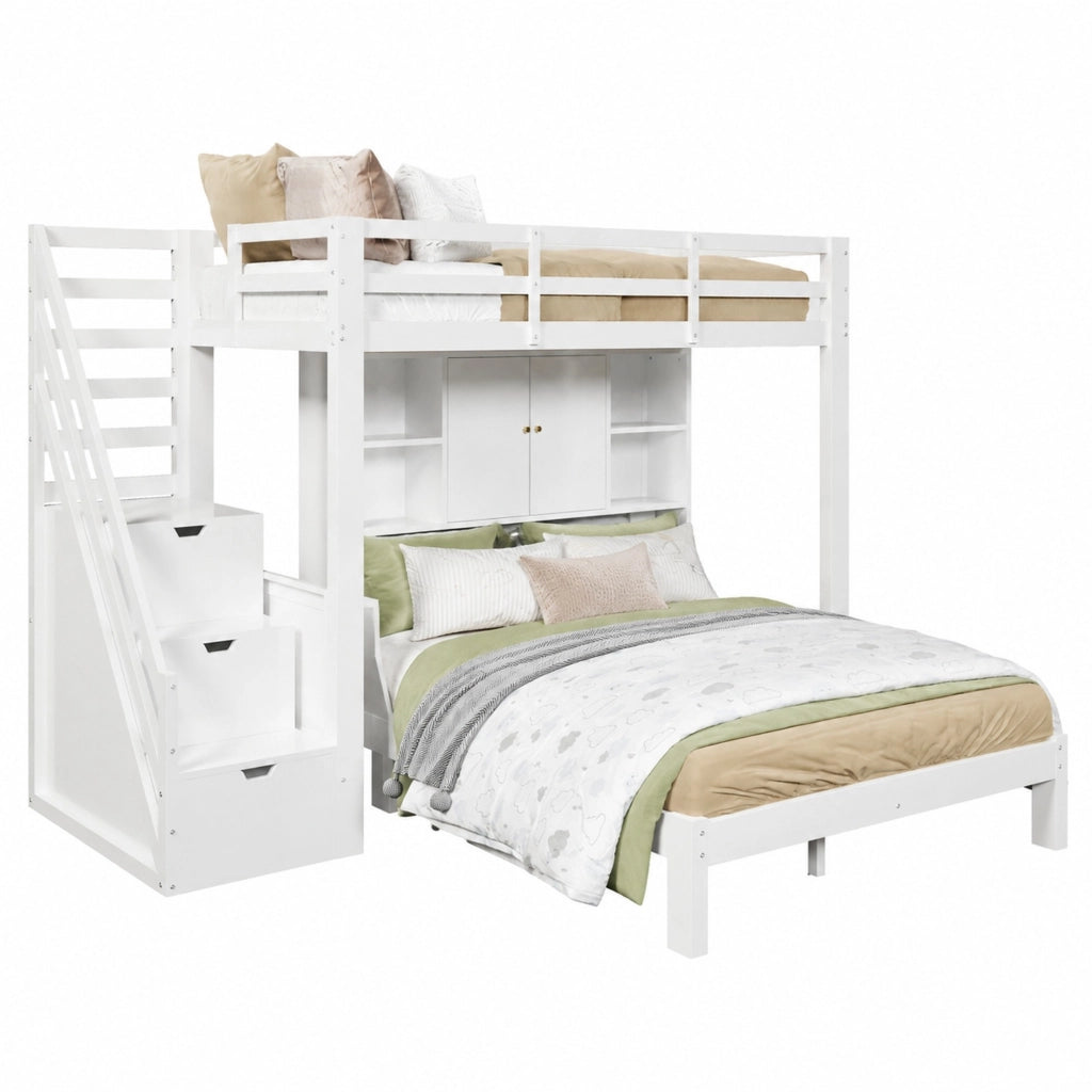 Letto a castello multifunzionale con ripiani e scala contenitore, 90x200 cm + 140x200 cm, bianco