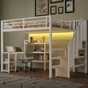 Letto a castello in metallo 140x200 - Zephmum - Con scrivania, scala, USB, LED, bianco