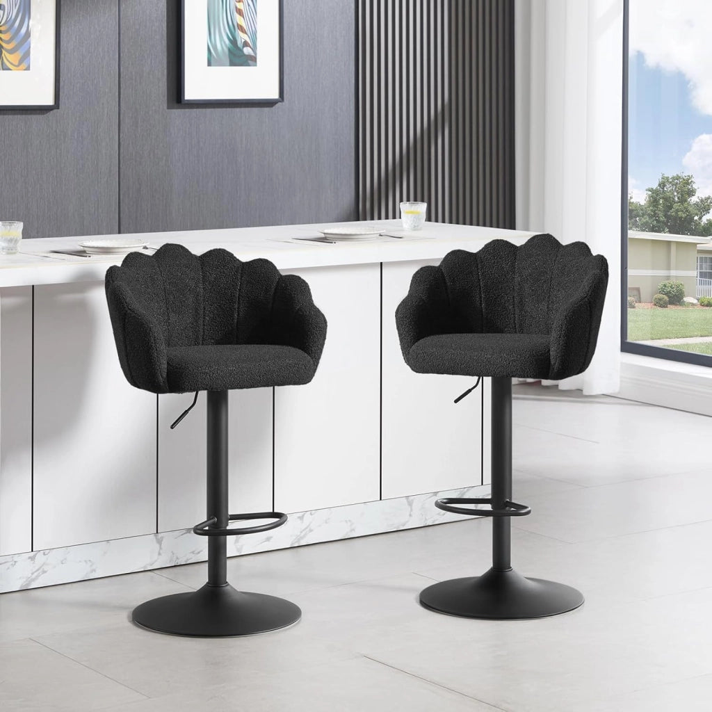 Sgabelli Cucina Set di 2, Regolabile e Girevole a 360°, Seduta in Tessuto Teddy, con Schienale e Poggiapiedi, per Cucina, Sala da Pranzo, Bar, Nero