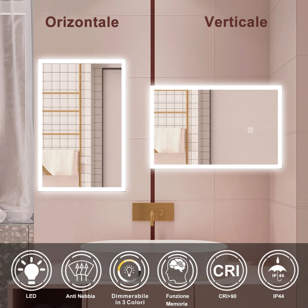 AICA Specchio da bagno  50 x 70 cm, dimmerabile, Funzione Memoria, antiappannamento, 3 colori