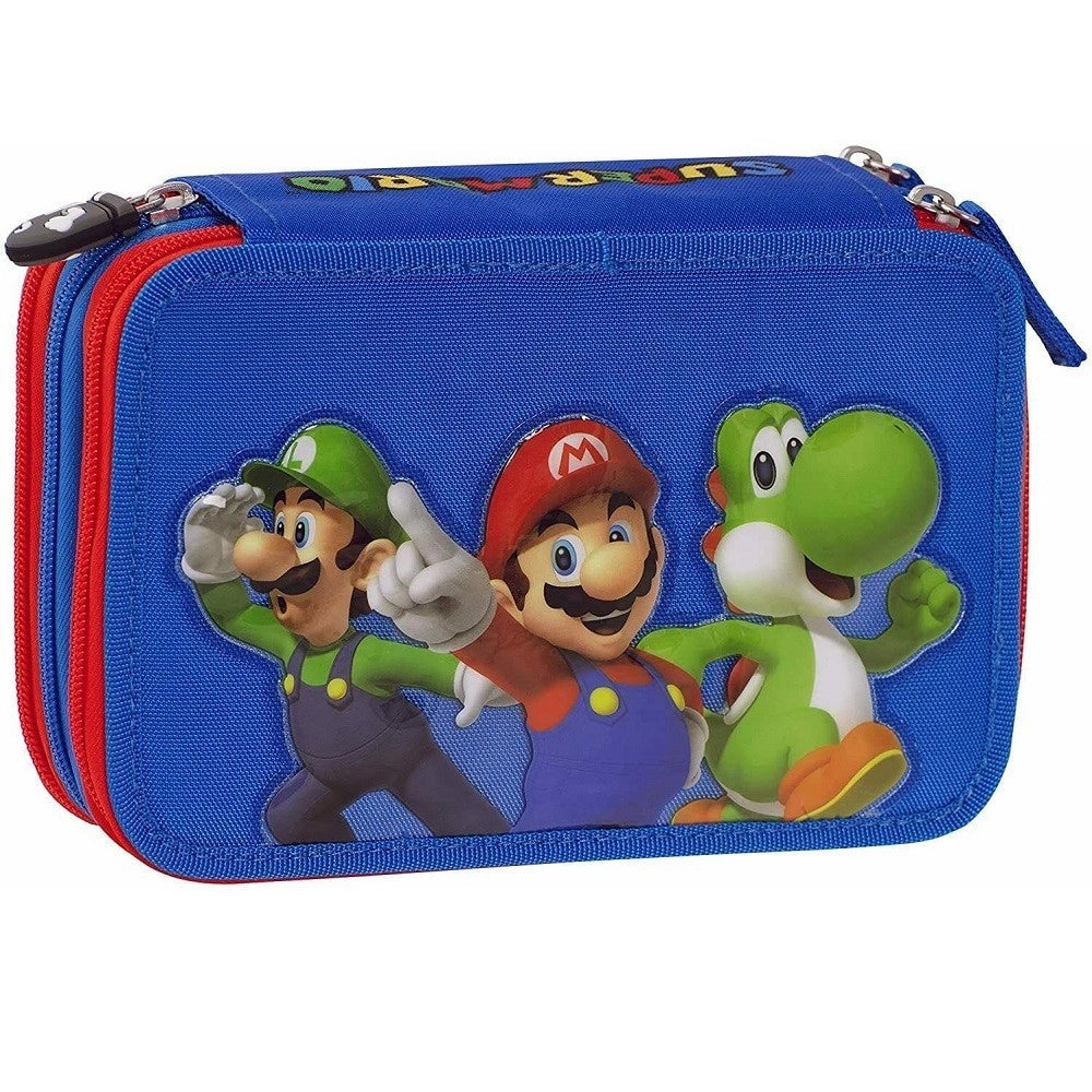 Trade Shop - Astuccio Scuola Super Mario 3 Scomparti Zip Completo Di Cancelleria Pennarelli -