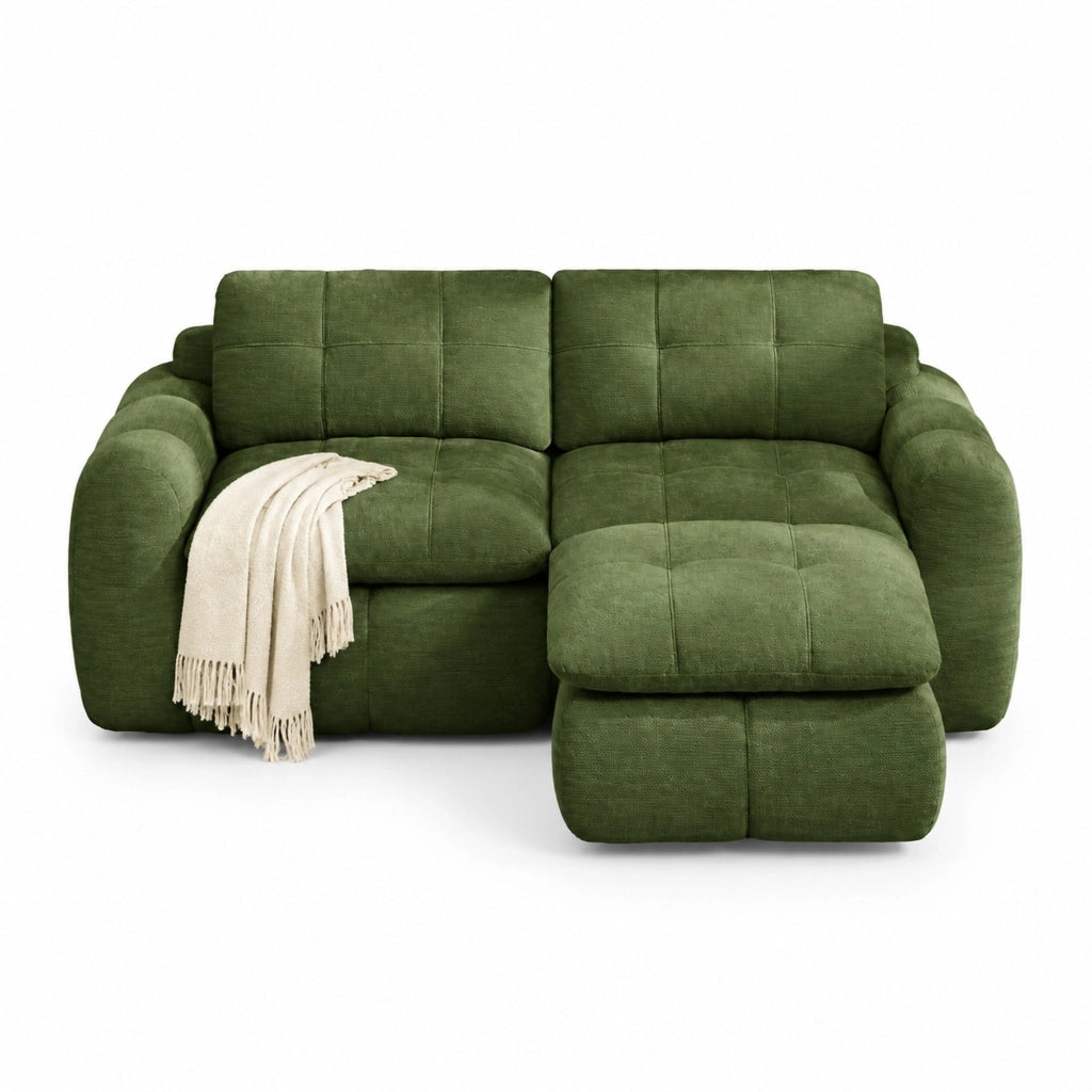 DIVANO Modulare 194x160 cm in Chenille Verde con Pouf