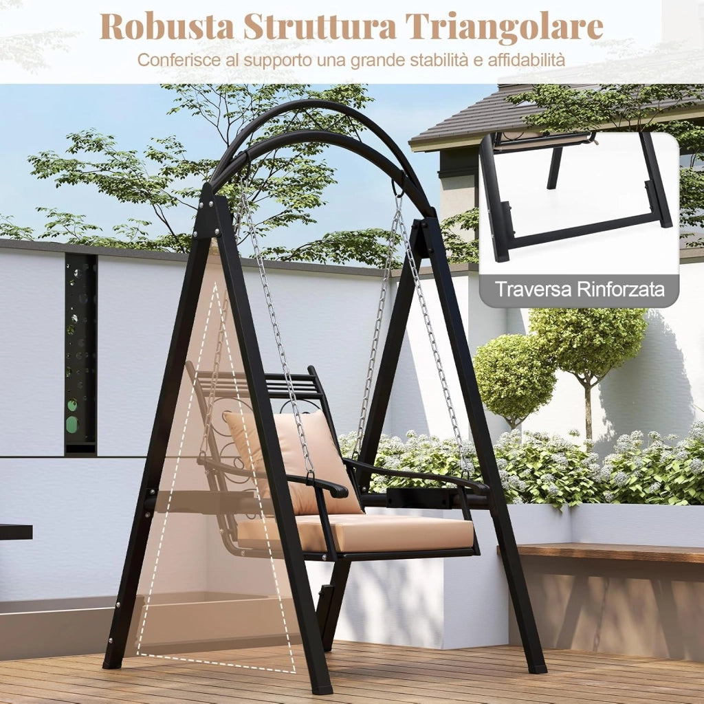 Sedia Sospesa da Esterno, Sedia a Dondolo Singola con Cuscini Removibili e Tavolini Laterali per Giardino, Portata 160 kg, Altalena con Supporto da Esterno ed Interno (Nero)
