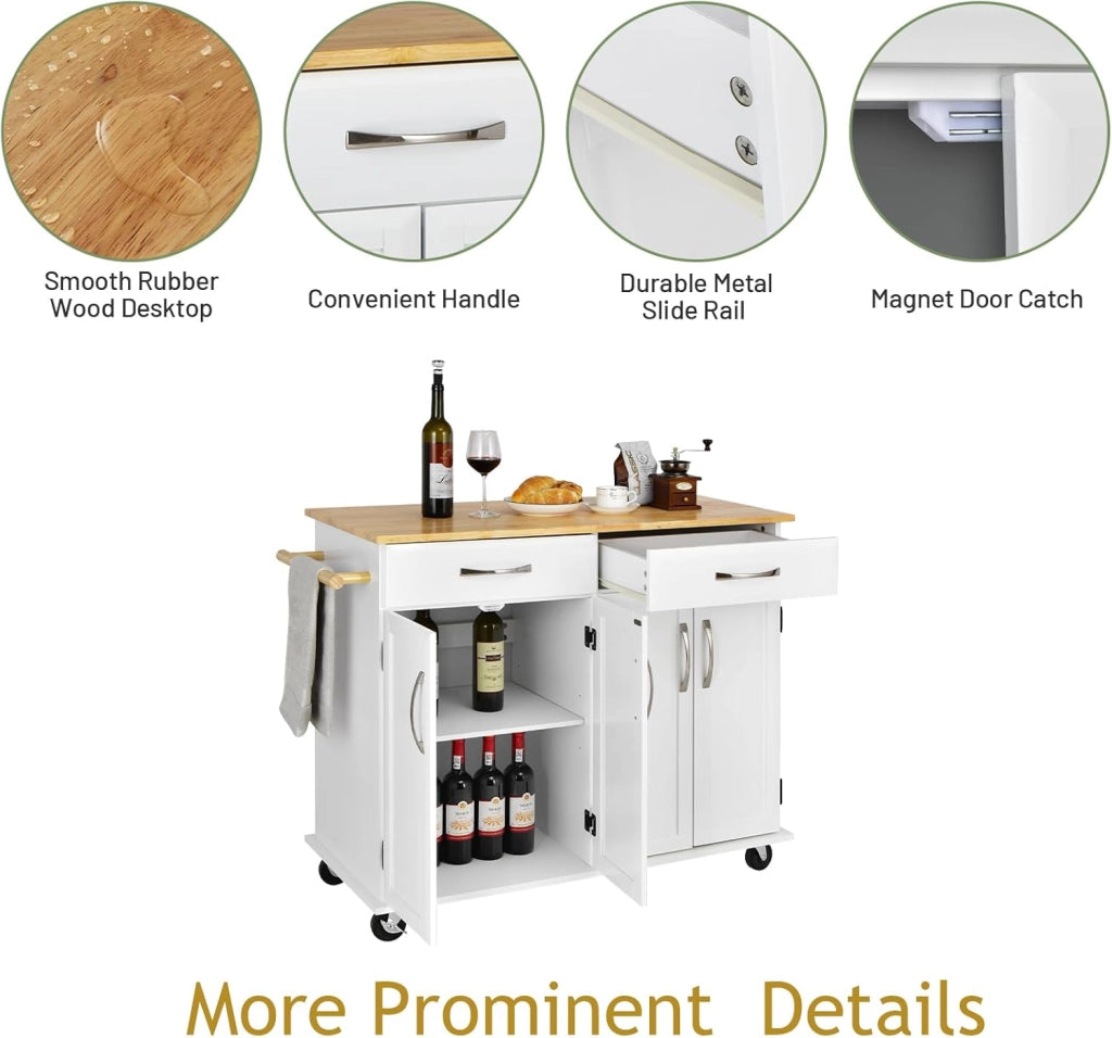 Carrello da cucina a isola con piano di lavoro, carrello da portata in legno con ruote bloccabili, trolley da cucina con 2 cassetti/portasciugamani/doppia porta, mobile da cucina (bianco)