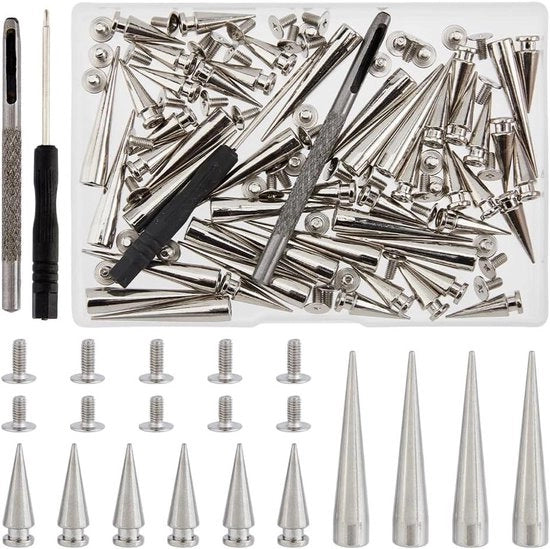Punk Spikes e Studs Set - 50 pezzi - per Costume e Scarpe con Chiave a Croce - Spine Cilindriche Argentate