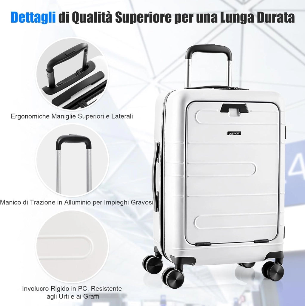 Valigia Bagaglio da 20" con Tasca Frontale, Porta USB, Tavolino Pieghevole, Valigia con Serratura, Ruote Girevoli, Manico Regolabile, Trolley Valigia Rigida Bagaglio da Viaggio (Bianco)