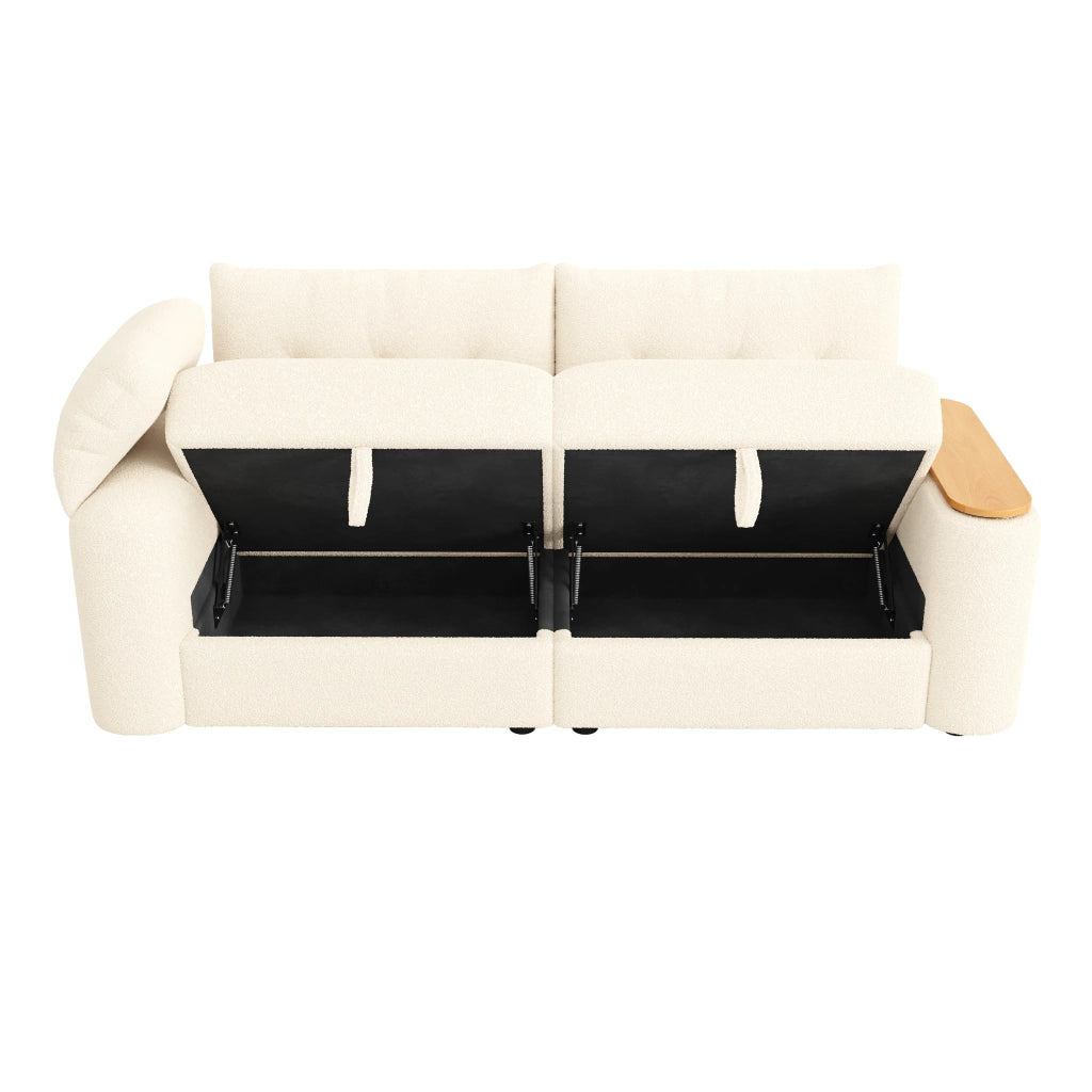 Divano modulare 2-3 posti con contenitore tavolino girevole a 270° e poggiatesta per salotto compatto in teddy beige