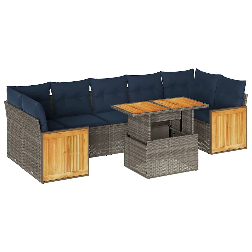 Set Divano da Giardino 8pz con Cuscini Grigio Polyrattan Acacia