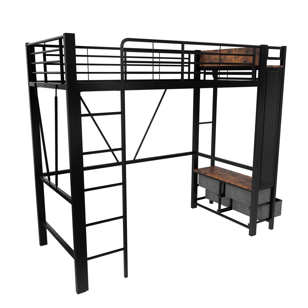 Letto a soppalco 90x200 cm in metallo e MDF; nero; con contenitori e LED