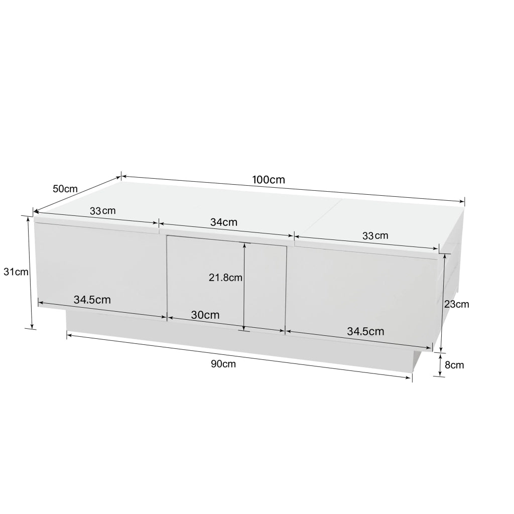 Tavolino da Salotto con 2 Cassetti e Vani Contenitore Nascosti Push Pull; Bianco Lucido; Stile Moderno; in Pannelli di Particelle; 100×50×31 cm
