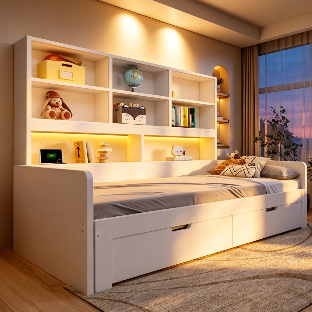 Letto divano estensibile 90x200/180x200 cm con LED; USB; cassetti e ripiani aperti; legno bianco